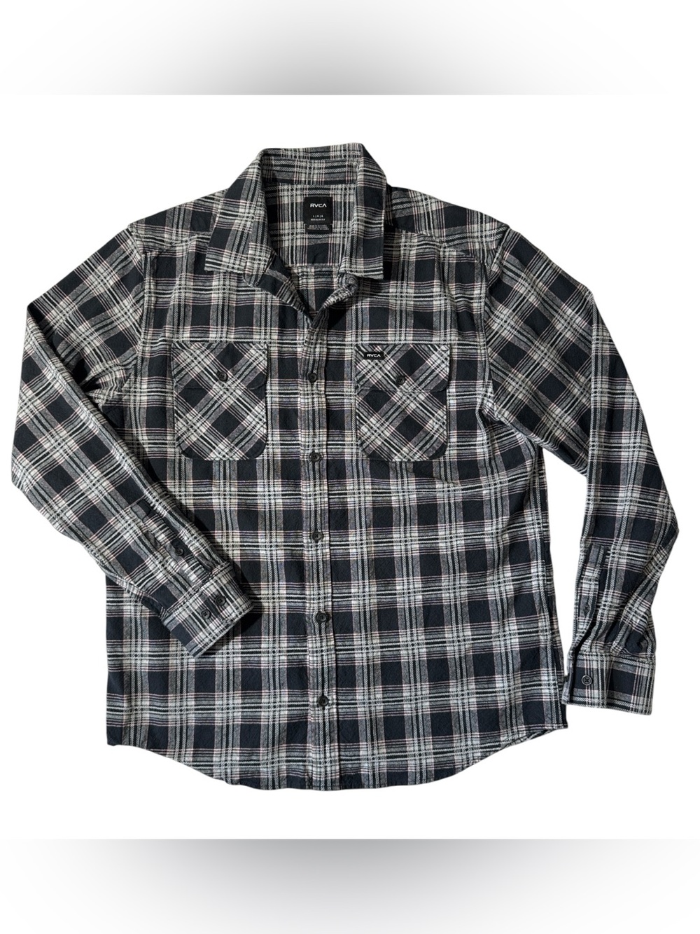 RCVA mens L Large black grey pink plaid cotton regular fit flannel shirt EuC